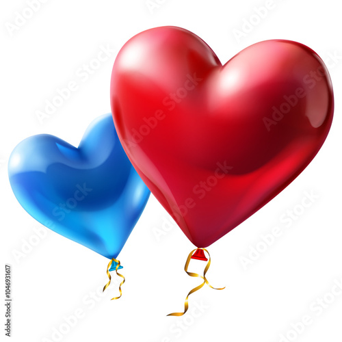 Two large beautiful heart shaped balloons in red and blue colors, with glares and golden serpentine, isolated on white background