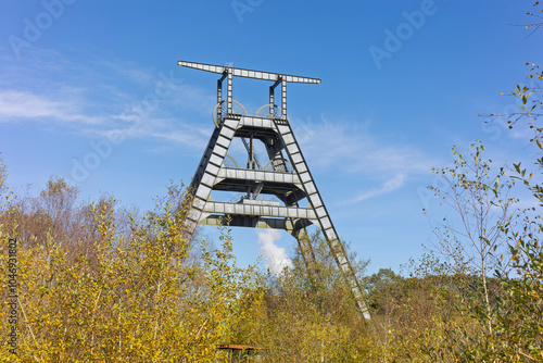 Barony A-Frame pithead winding head gear tower memorial and visitor park, historic industrial heritage site East Ayrshire Scotland photo