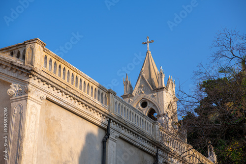 Catholic church on Gulangyu island, Fujian, China. Copy space for text photo