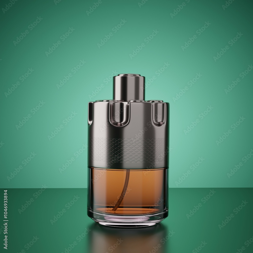 Realistic men's perfume on a green background, 3D rendering of perfume. Barrel bottle, stylized as a revolver drum. Realistic men's perfume on a green background, 3D rendering of perfume. Barrel bottle, stylized as a revolver drum.
