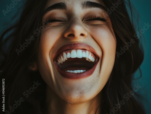 Radiant Woman Expressing Pure Joy and Unbridled Laughter Capturing the Essence of Happiness and Vibrant Emotions photo