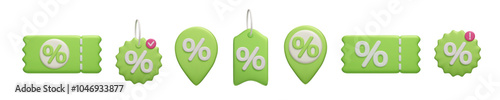 Set of different 3D promo discount price tags isolated on white. Green sale percent sign voucher coupon, shopping special offer, promotion coupon ticket 3D vector render icon set.