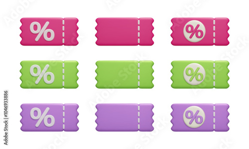 3D discount vouchers vector icon set. Colorful promo coupon, discounted item banner, percent sign voucher tickets isolated on white 3D renders. Online shopping, promotion special offer discount tags.