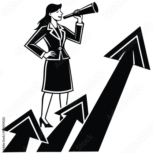 A businesswoman stands on upward arrows, looking through binoculars to spot future growth opportunities.