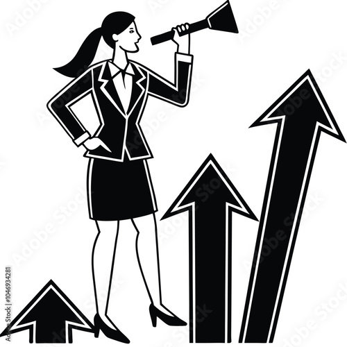 A businesswoman stands on upward arrows, looking through binoculars to spot future growth opportunities.