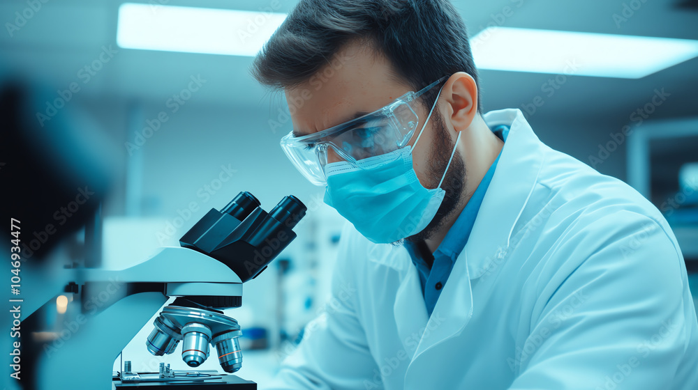 A focused male scientist wearing a lab coat, protective goggles, and mask, examining samples under a microscope in a modern laboratory setting. A focused male scientist wearing a lab coat, protective goggles, and mask, examining samples under a microscope in a modern laboratory setting.