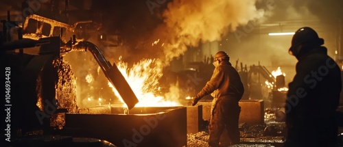 A dramatic shot of a foundry in operation, with molten metal pouring into molds and workers in heat-resistant gear overseeing the casting process, Foundry scene photo