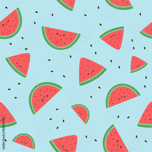 Cute sliced watermelon seamless pattern on blue background