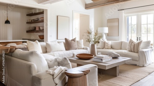 A cozy and inviting living room design with a white canvas backdrop  Minimalist furniture arranged for comfort  Minimalist farmhouse style