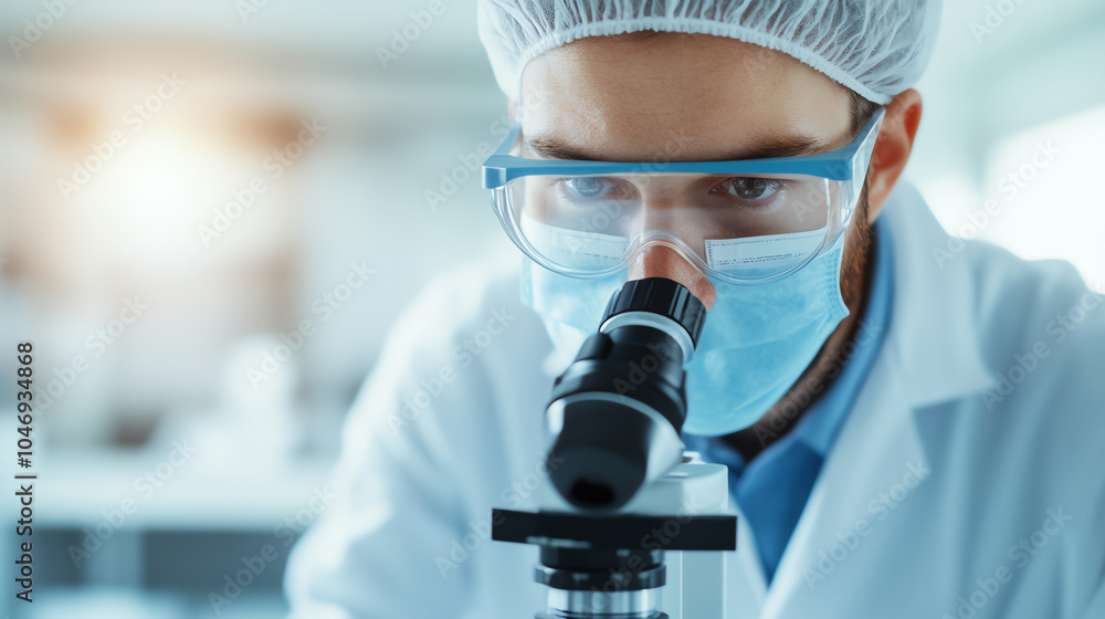 Close-up of a researcher analyzing samples under a microscope in a laboratory, wearing safety gear and focused on his work. Close-up of a researcher analyzing samples under a microscope in a laboratory, wearing safety gear and focused on his work.