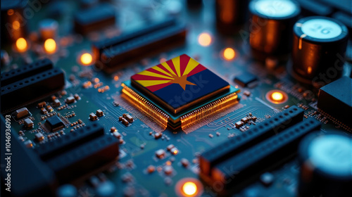 A microprocessor featuring Arizona flag is installed on a circuit board, illuminated by glowing lights, representing role in global tech and semiconductor industries
