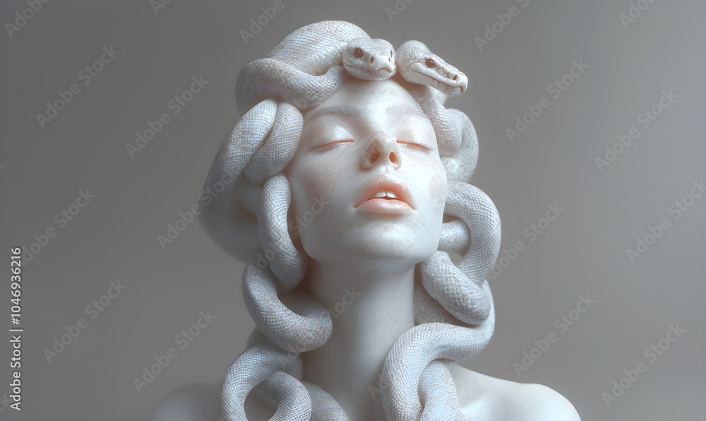 Gorgon Medusa black and white, gray plaster sculpture isolated on light background. Abstract modern art portrait. Portrait of girl with snakes on her head. Copy space. Empty background. Gorgon Medusa black and white, gray plaster sculpture isolated on light background. Abstract modern art portrait. Portrait of girl with snakes on her head. Copy space. Empty background.