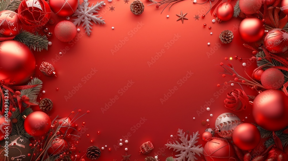 Festive Christmas arrangement with red baubles, pinecones, snowflakes, and greenery on a vibrant red background. Festive Christmas arrangement with red baubles, pinecones, snowflakes, and greenery on a vibrant red background.