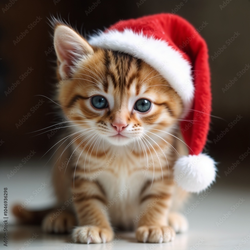 A kitten in a Santa Claus hat, playful and adorable, holiday spirit, indoor setting A kitten in a Santa Claus hat, playful and adorable, holiday spirit, indoor setting