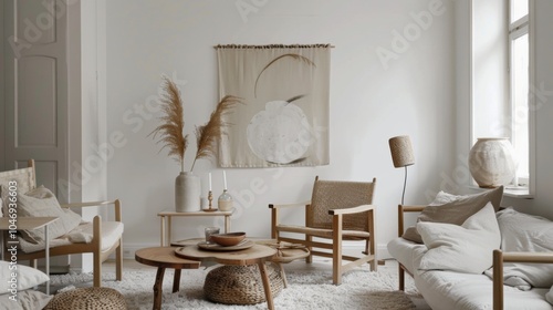 A cozy and inviting living space adorned with a white canvas backdrop, Sparse yet tastefully arranged minimalist furnishings, Scandinavian hygge style