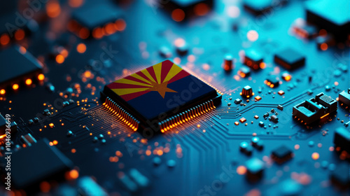 A Arizona themed chip is placed on a detailed circuit board, with glowing connections that emphasize influence in electronics, computing, and tech innovation.