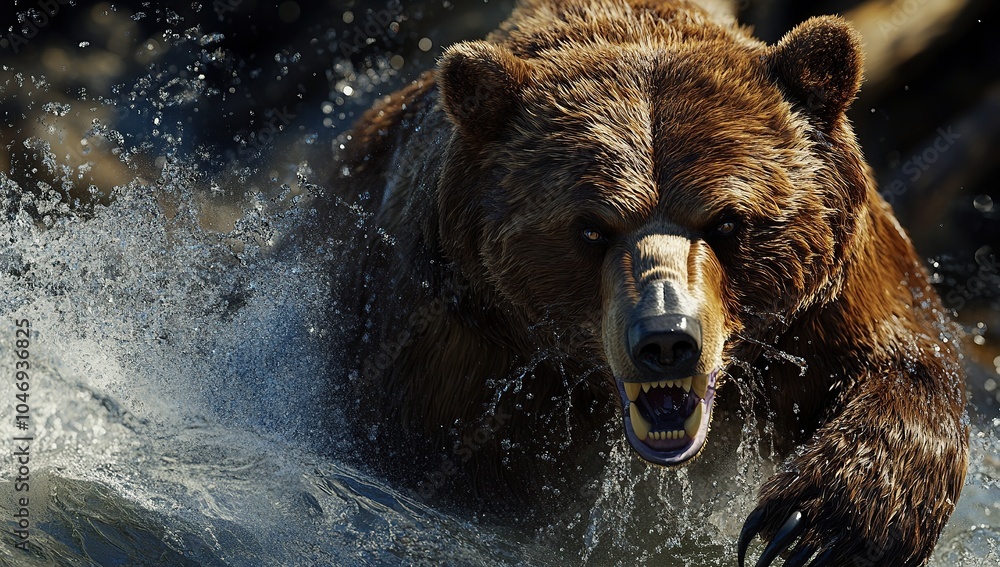 A brown bear charging at the camera, its sharp teeth and powerful claws visible as it A brown bear charging at the camera, its sharp teeth and powerful claws visible as it