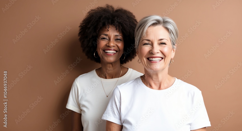 caucasian mature woman brown background wearing plain white tshirt smiling happy portrait caucasian mature woman brown background wearing plain white tshirt smiling happy portrait