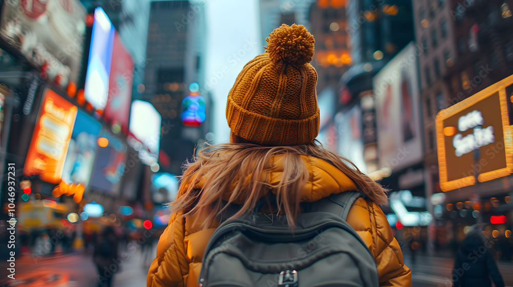 Naklejka premium A woman in an orange hat and backpack explores the city streets. High quality photo