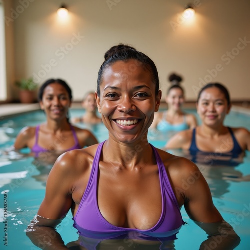 Senior African American woman grinning confidently during water aerobics at an indoor pool