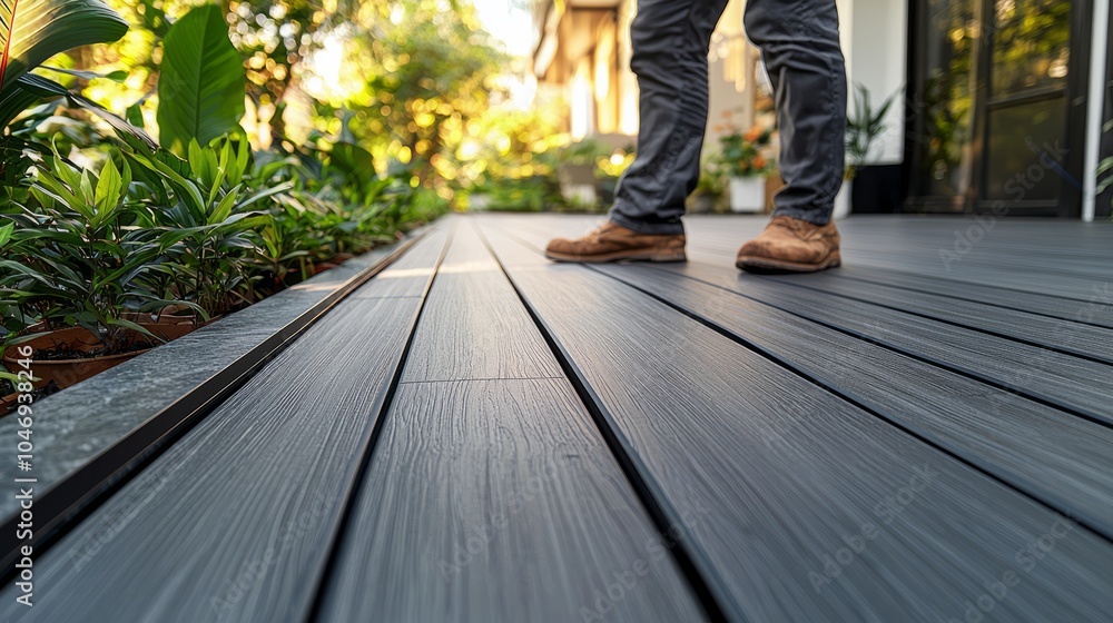 Person Walking on Stylish Outdoor Decking Surface Person Walking on Stylish Outdoor Decking Surface