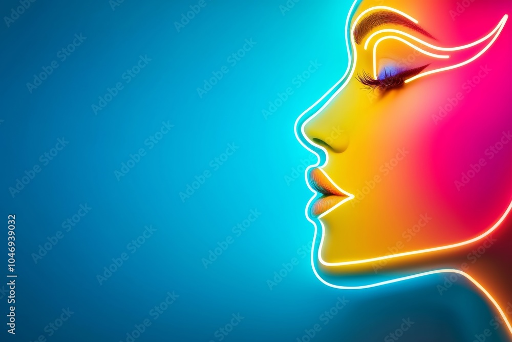 Woman with neon pink and blue eye liner and red lipstick. The background is blue. The woman is wearing a lot of makeup. woman face on the right neon Woman with neon pink and blue eye liner and red lipstick. The background is blue. The woman is wearing a lot of makeup. woman face on the right neon