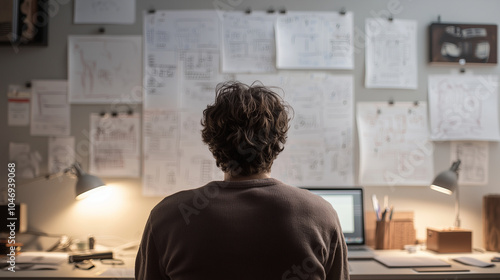 Filmmaker Analyzing Storyboards in Creative Workspace photo