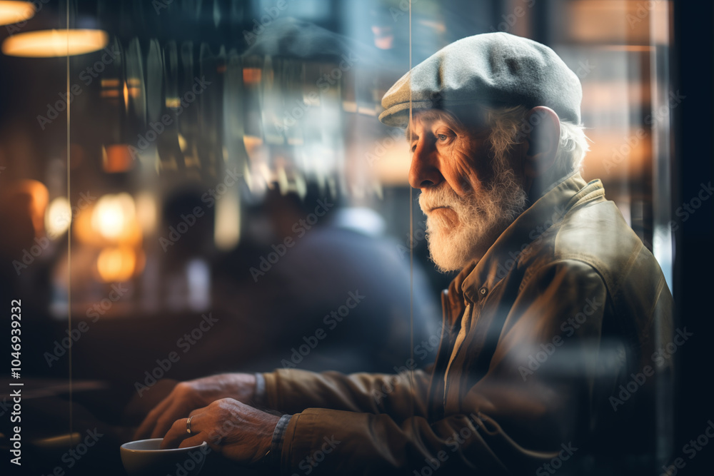 Senior Man with Grey Beard Sitting in Cafe Looking Away Senior Man with Grey Beard Sitting in Cafe Looking Away
