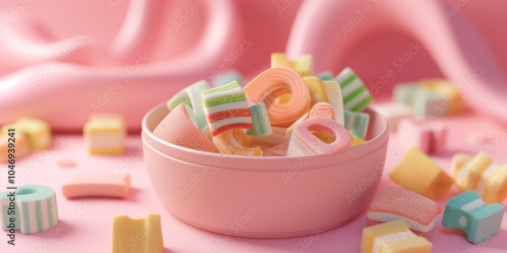 3d cute bowl with candies, sweets and gummies on pastel pink background 3d cute bowl with candies, sweets and gummies on pastel pink background