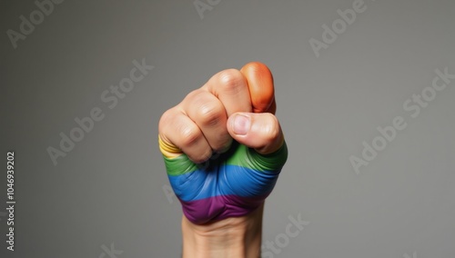 Painting depicting a clenched fist in rainbow colors to represent LGBTQ pride photo