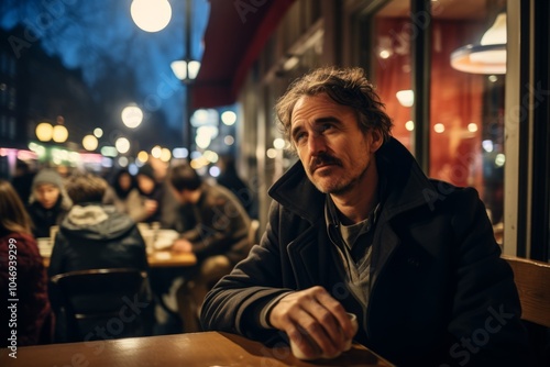 Portrait of a man sitting in a cafe in Paris at night