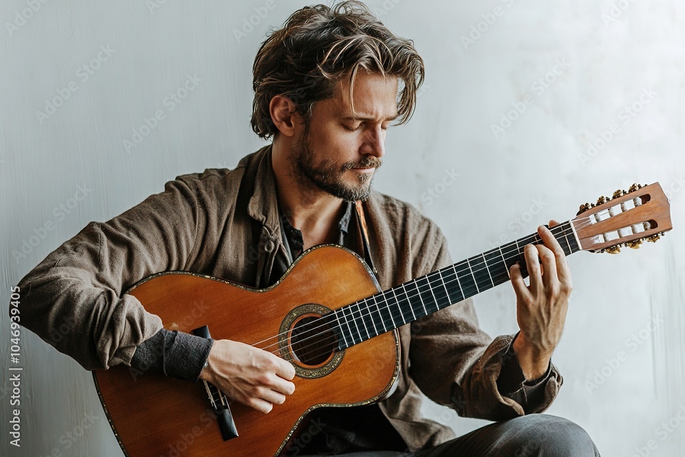Obraz premium Focused guitarist playing acoustic guitar, emotions in music