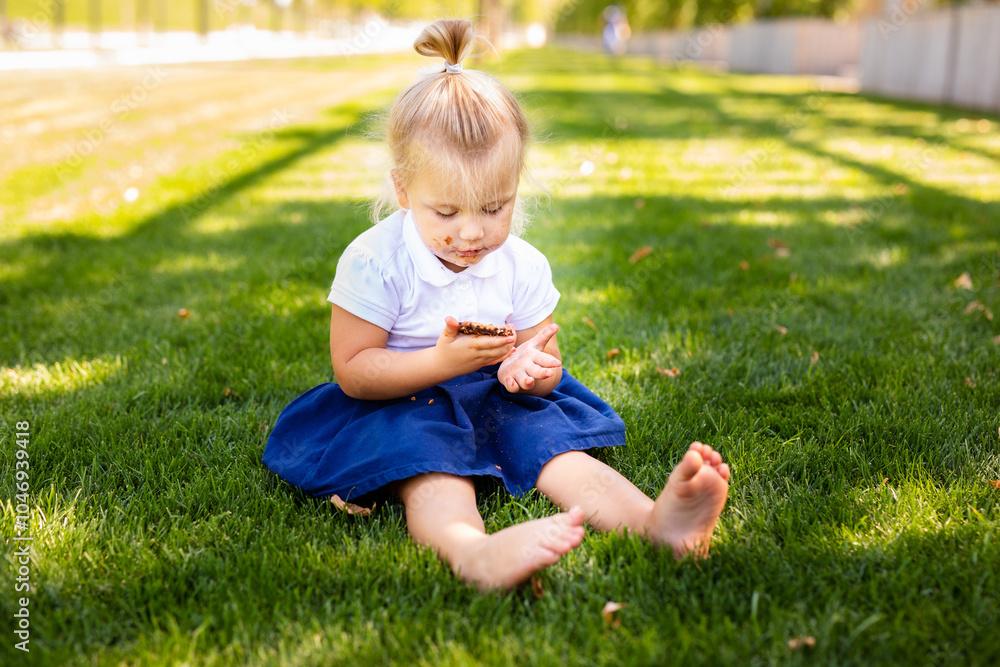 little blonde girl in school uniform sitting or lying on the grass eating delicious sweet cookies little blonde girl in school uniform sitting or lying on the grass eating delicious sweet cookies