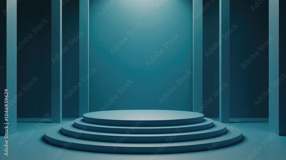 Fototapeta premium A circular platform in a dark blue room with pillars