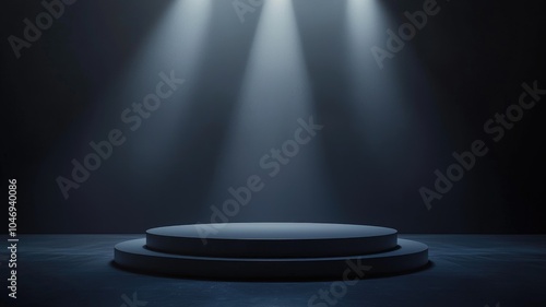 Two-Tiered Circular Platform Illuminated by Three Spotlights in a Dark Setting