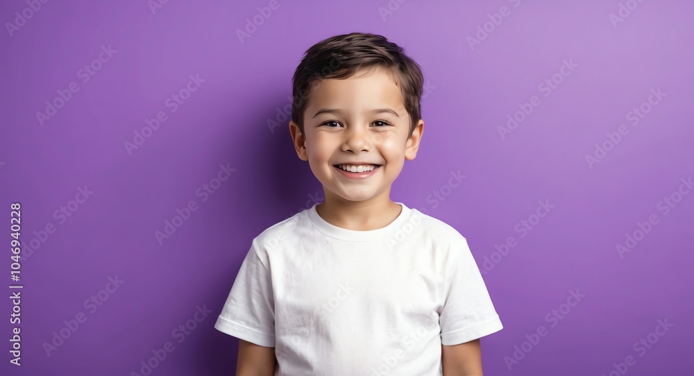 caucasian kid boy purple background wearing plain white tshirt smiling happy portrait caucasian kid boy purple background wearing plain white tshirt smiling happy portrait