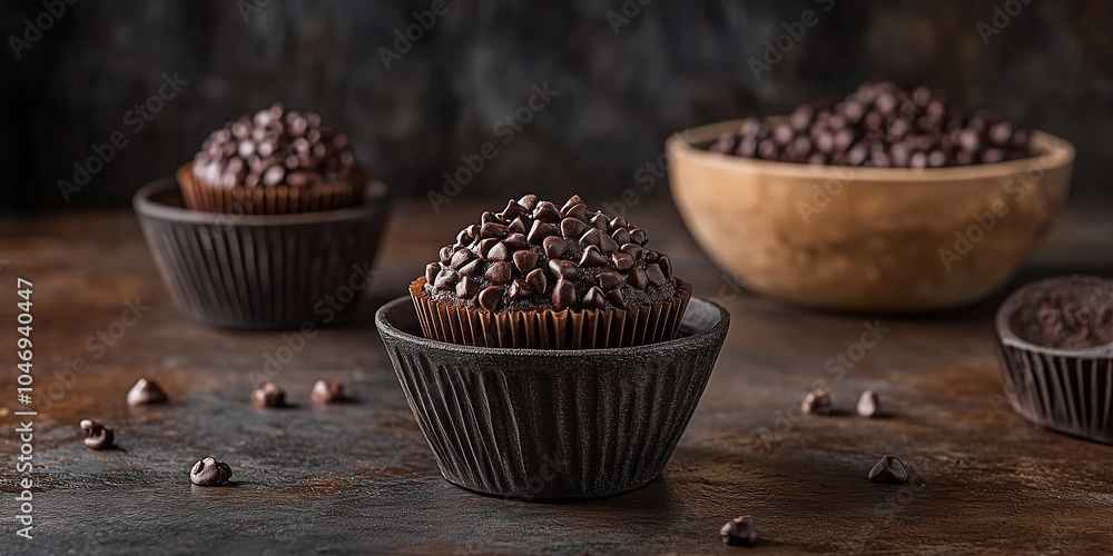 three chocolate cups with chocolate chips on top three chocolate cups with chocolate chips on top