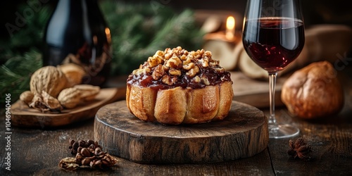 a wooden board with a pastry on it photo