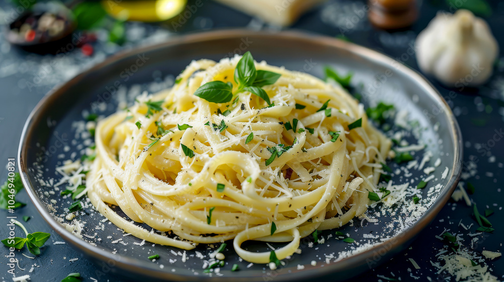 Linguine pasta garnished with parmesan and basil on a dark plate with fresh ingredients in the background Linguine pasta garnished with parmesan and basil on a dark plate with fresh ingredients in the background