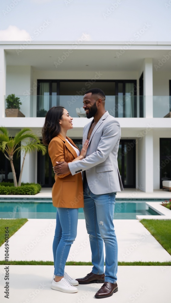 A happy African-American couple embraces in front of their newly purchased modern home A happy African-American couple embraces in front of their newly purchased modern home