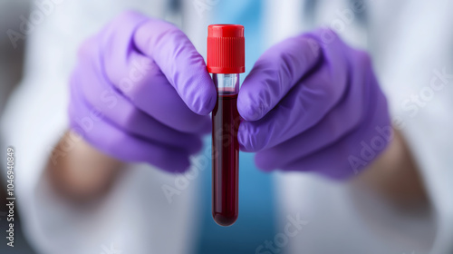 Obraz na płótnie Close-up of a healthcare professional's hands holding a blood sample in a test tube, demonstrating medical examination and laboratory procedures. w salonie