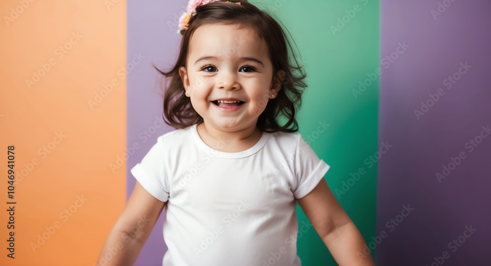 caucasian toddler girl colorful background wearing plain white tshirt smiling happy portrait caucasian toddler girl colorful background wearing plain white tshirt smiling happy portrait
