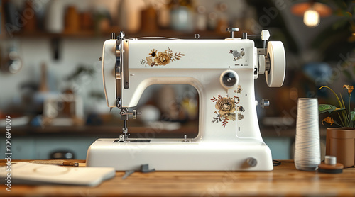 A sewing machine. Modern electronic sewing machine threads on table.