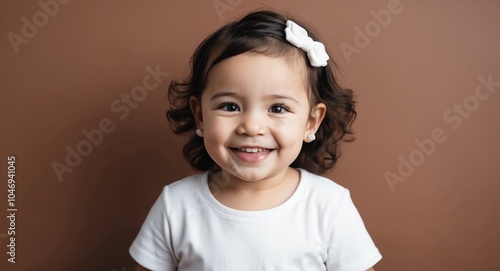 caucasian toddler girl brown background wearing plain white tshirt smiling happy portrait