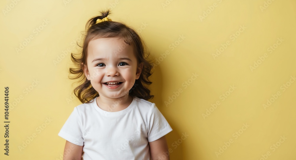 caucasian toddler girl yellow background wearing plain white tshirt smiling happy portrait caucasian toddler girl yellow background wearing plain white tshirt smiling happy portrait