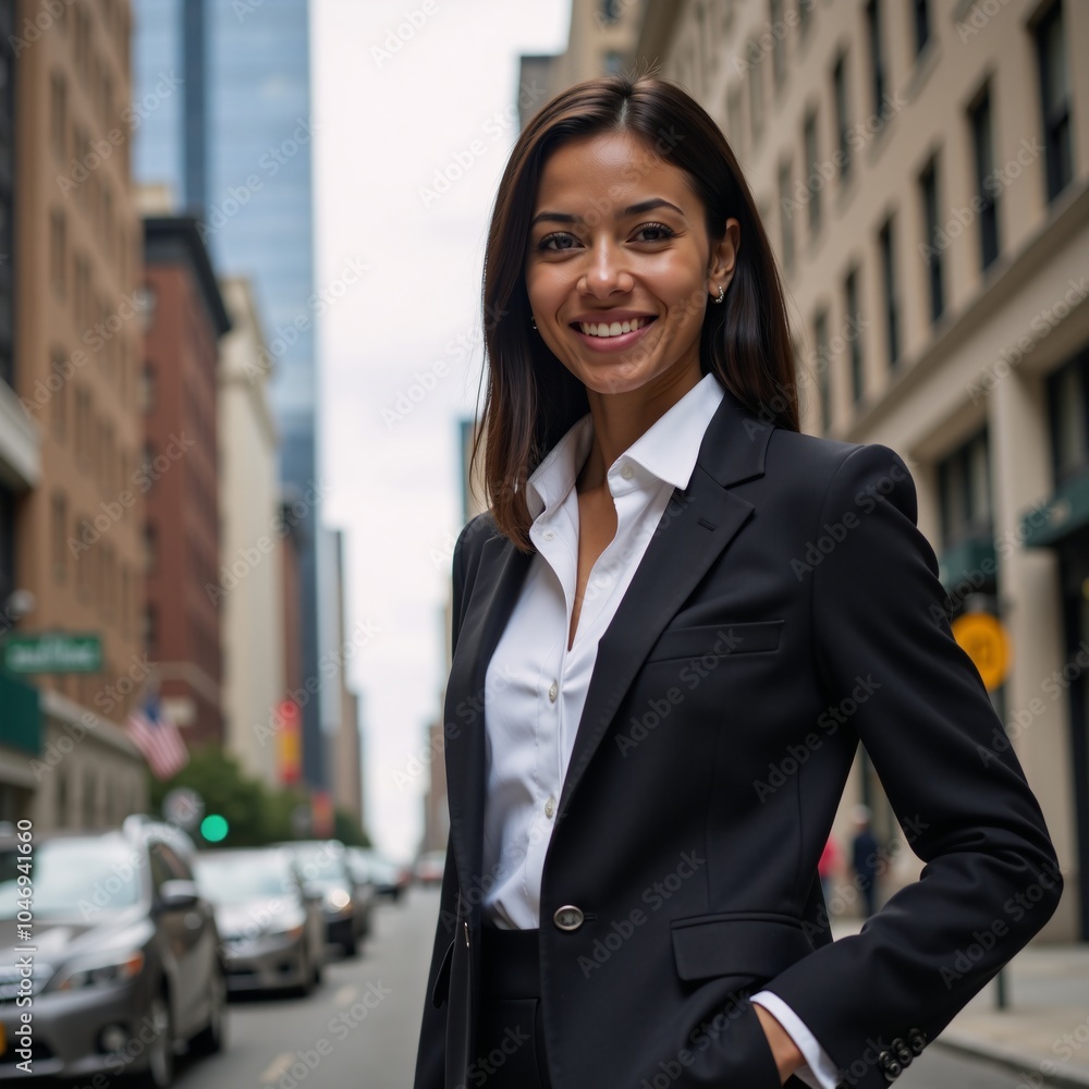 African American woman dressed elegantly in a business suit against a metropolitan backdrop African American woman dressed elegantly in a business suit against a metropolitan backdrop
