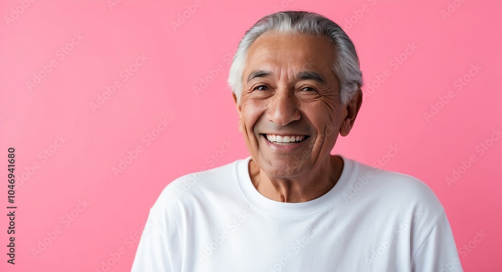 Obraz premium hispanic latino elderly man pink background wearing plain white tshirt smiling happy portrait