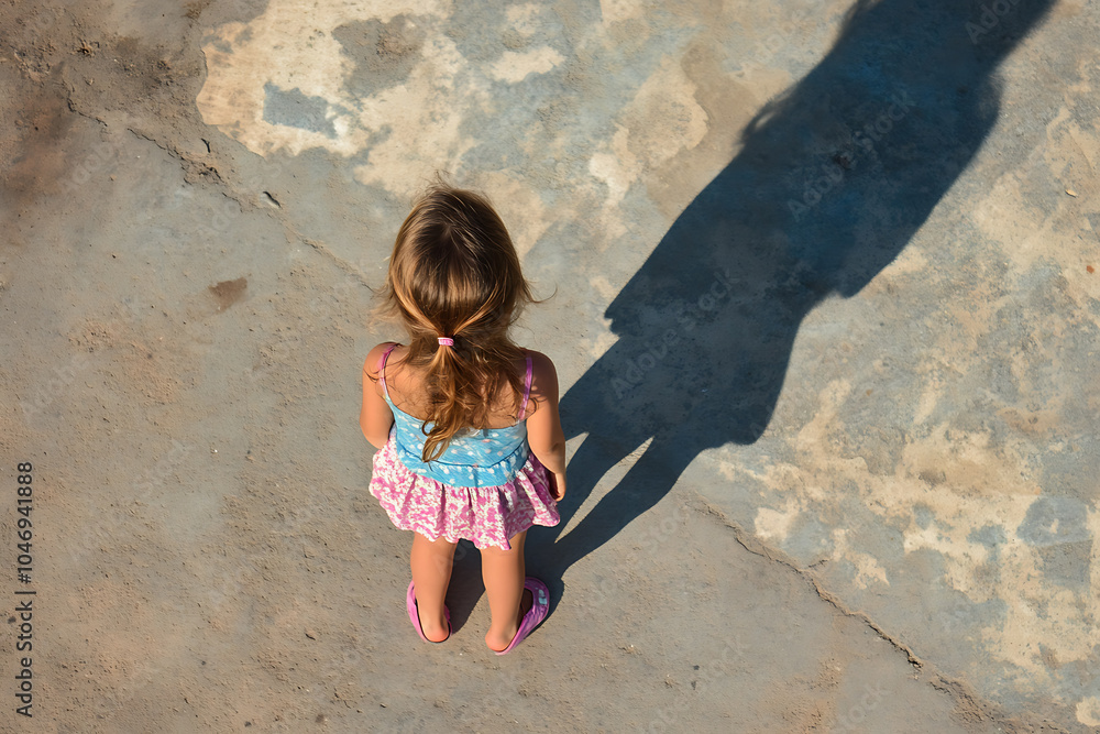 A photo capturing a little girl standing in the center of a room, with her shadow extending dramatically from her fee A photo capturing a little girl standing in the center of a room, with her shadow extending dramatically from her fee
