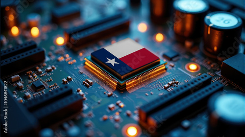 A microprocessor featuring Texas flag is installed on a circuit board, illuminated by glowing lights, representing role in global tech and semiconductor industries