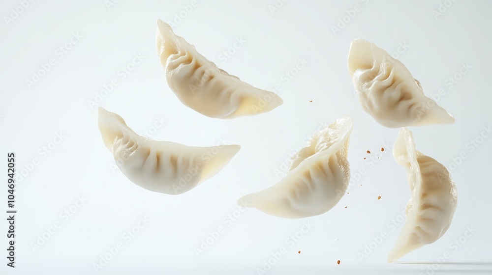 Dumplings Falling Against Clean White Background with Warm Natural Light Dumplings Falling Against Clean White Background with Warm Natural Light